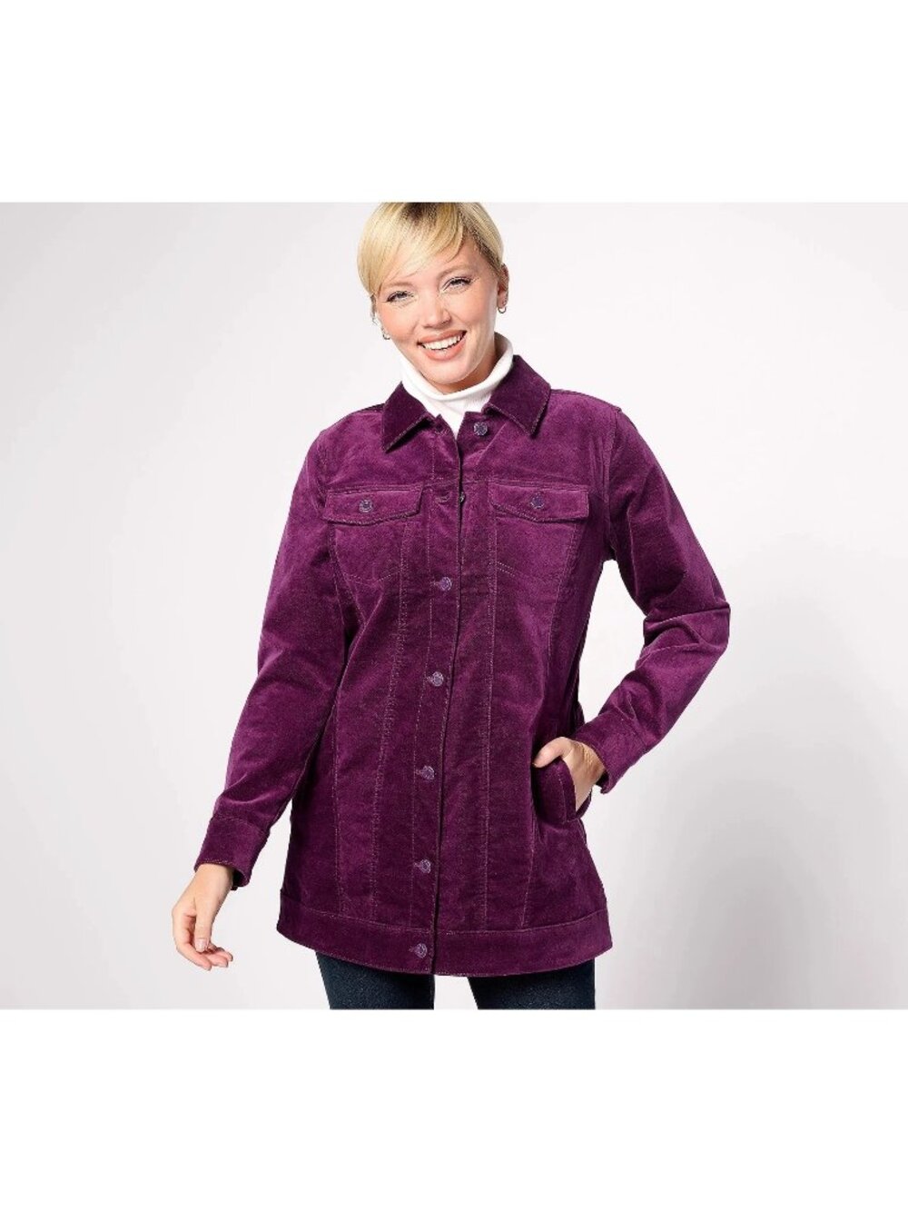 Denim & Co. Long Jacket Medium Regular Stretch Velveteen Button Front Deep Wine